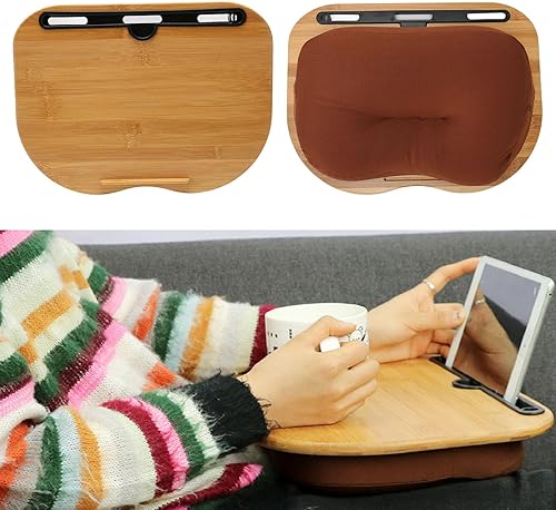 Miniatura 9 de Escritorio de madera de bambú para laptop de hasta 15.6 pulgadas, escritorio portátil con cojín, rodilla, almohada para dormir, tira antideslizante,