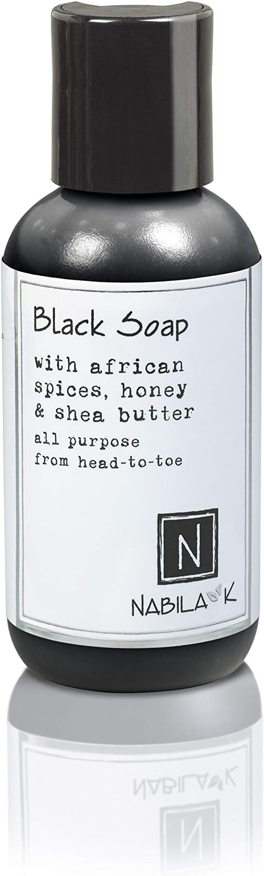 Nabila KBlack Soap with African Spices, Honey & Shea Butter - All Purpose Whole Body Liquid Soap with Naturally Derived Ingredients - Combination Hand Soap, Shower Gel, Shampoo, Shaving Cream - 2 oz