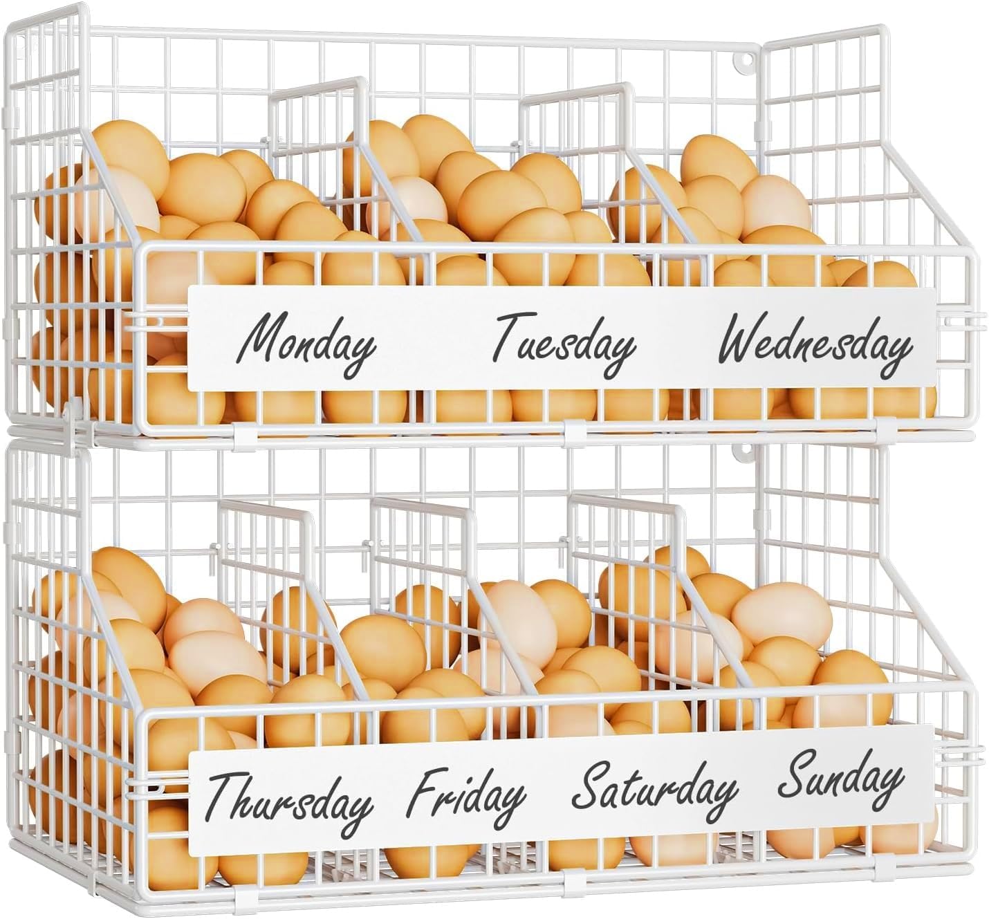 keomaisyto Egg Holder Countertop with 5 Dividers & DIY Labels to Separate Eggs, 2-Tier Stackable Wire Baskets, XXL Egg Basket for Gathering Fresh Eggs - Egg Organizer for Wall-Mounted(Patent Pending)