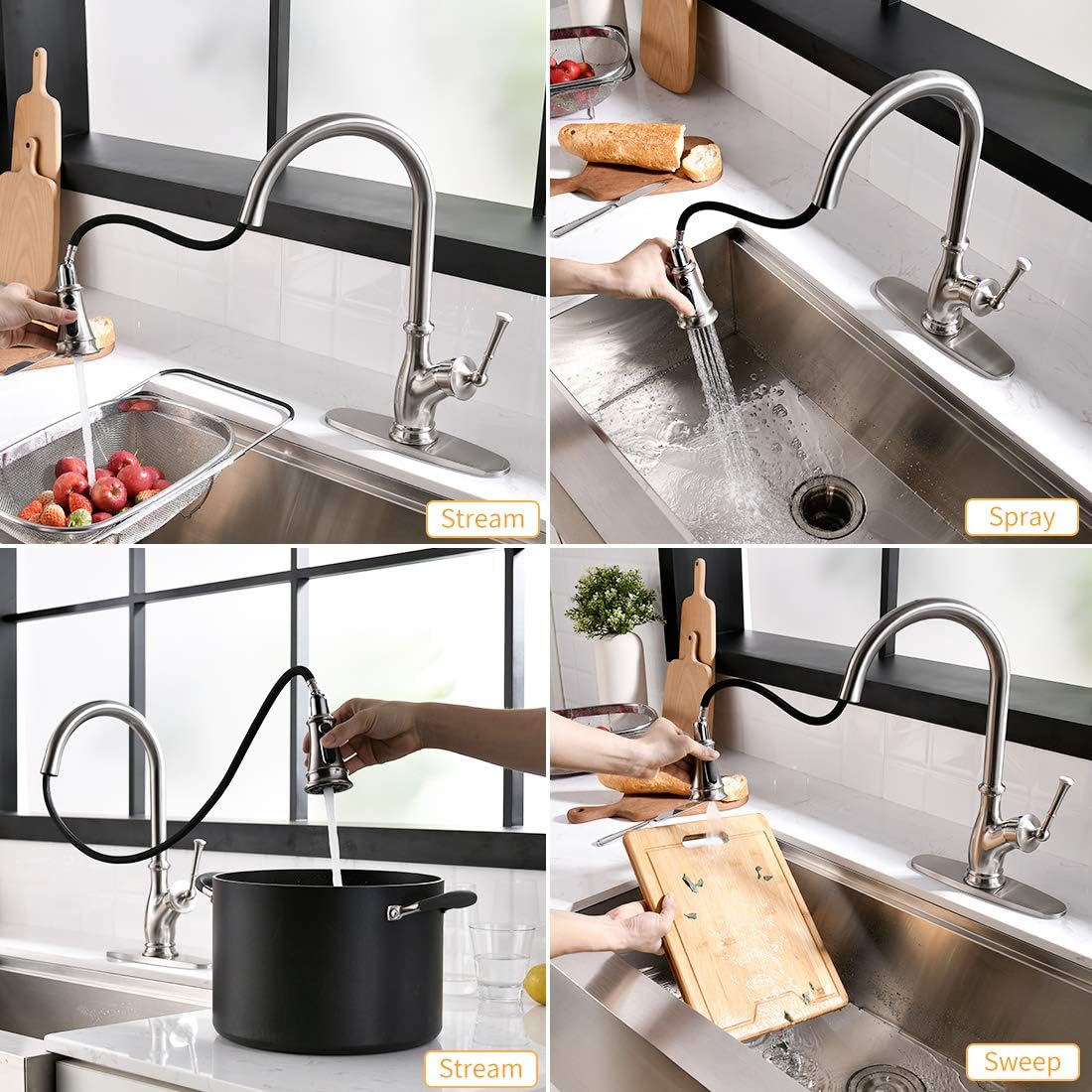 Modern Kitchen Faucets with Pull Down Sprayer, Stainless Steel Single Handle Pull Out Spray Kitchen Sink Faucet with Deck Plate,Brushed Nickel
