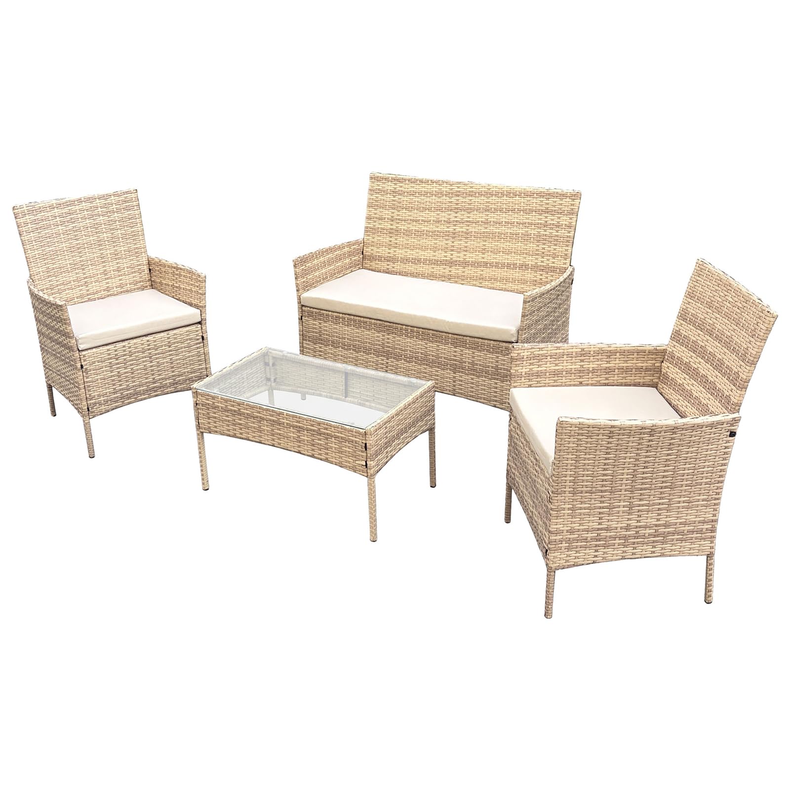 SVITA Brooklyn Gartenlounge 4-teilig Polyrattan Lounge Set wetterfest Garten Terrasse Balkon inkl. Kissen Glas Tisch Beige