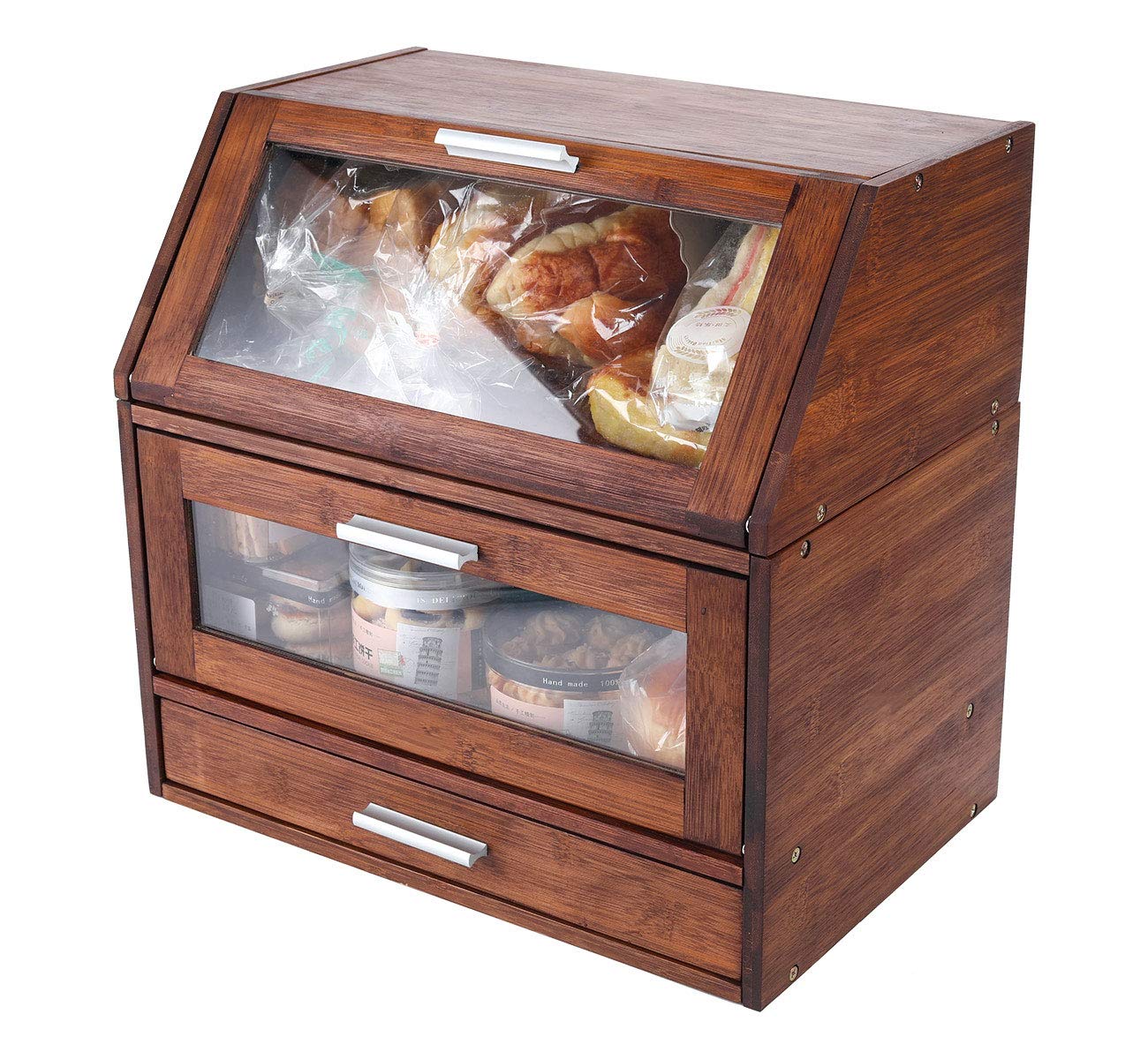 Photo 1 of ***PREVIOUSLY OPENED AND LOOSE HARDWARE*** TQVAI Natural Bamboo 3 Layer Bread Box with Clear Window Cutlery Tray Drawer Separable 2 Tier Can Rack Organizer - Assembly Required, Retro Brown