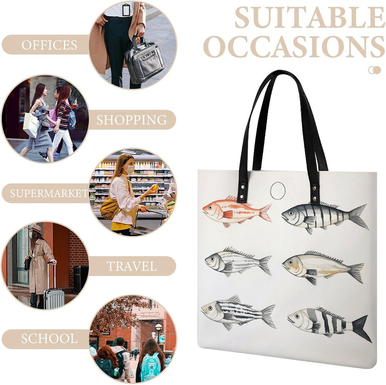 Ink Style Cod Handbags Large Capacity, Tote Bag Stylish Slouchy, Shoulder Bags for Work Beach Travel And Shopping Grocery.