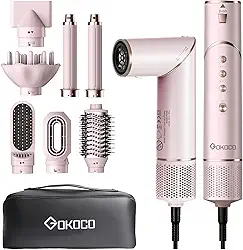 GOKOCO Escovas Secador de Cabelo Profissional 7 em 1 - Incluso 2x Bocal, Difusor, Escova Secadora, 2x Modelador de Cachos, Alisador para Alta Velocidade Para Secar, Alisar e Enrolar, GD032 220v Rosa