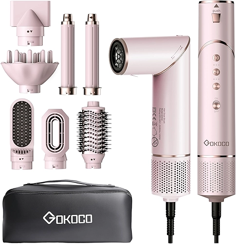 GOKOCO Escovas Secador de Cabelo Profissional 7 em 1 - Incluso 2x Bocal, Difusor, Escova Secadora, 2x Modelador de Cachos, Alisador para Alta Velocidade Para Secar, Alisar e Enrolar, GD032 220v Rosa