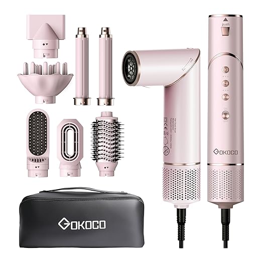 GOKOCO Escovas Secador de Cabelo Profissional 7 em 1 - Incluso 2x Bocal, Difusor, Escova Secadora, 2x Modelador de Cachos, Alisador para Alta Velocidade Para Secar, Alisar e Enrolar, GD032 127v Rosa