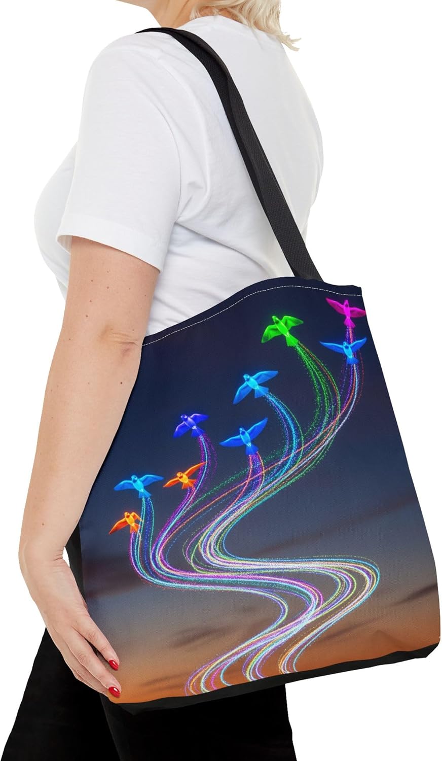 Neon Sparrow Flock Tote Bag - Prismatic Trails Design with Premium Reinforced Stitching