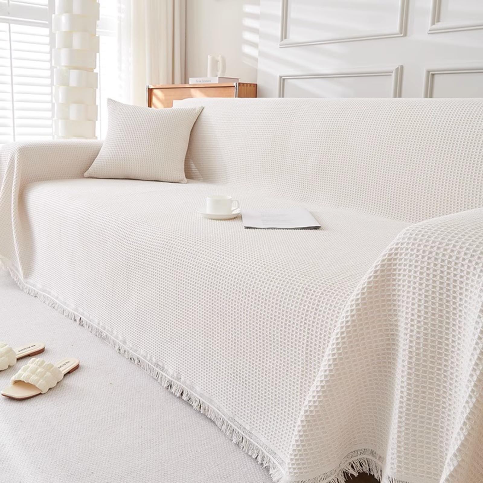 Plaids Jeté De Canapé Simple 1 2 3 4 Places Housse De Canapé Anti-PoussièRe Couverture De Canapé Polyvalente d'angle/Forme De L/U pour Protection De Meuble/Chat Anti-Rayures(180X340cm,White)