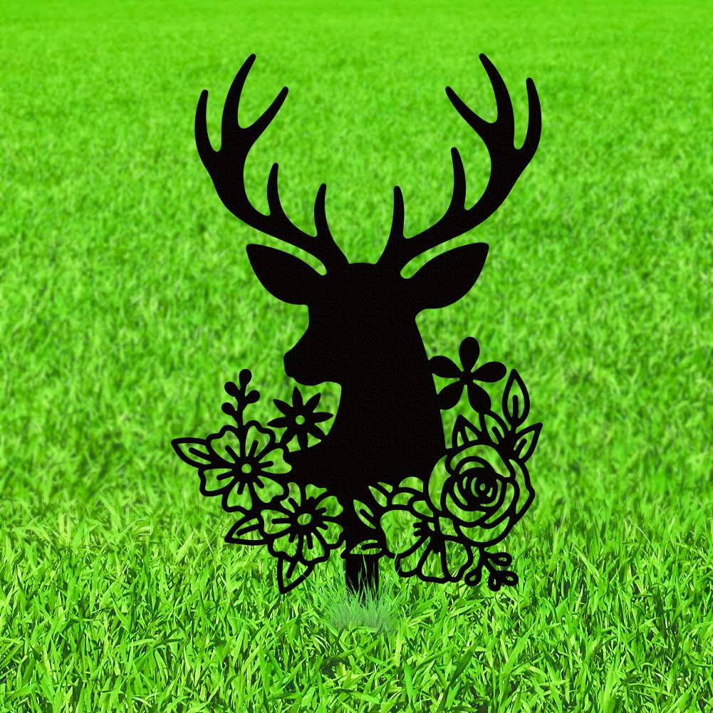 WADORN Deer Head Flowers Metal Decorative Garden Stakes, Black Outdoor Statues Silhouette Cute Deer Lover Gifts Animal Stakes Silhouette Ornaments for Yard Art Garden Patio Backyard Lawn Decors