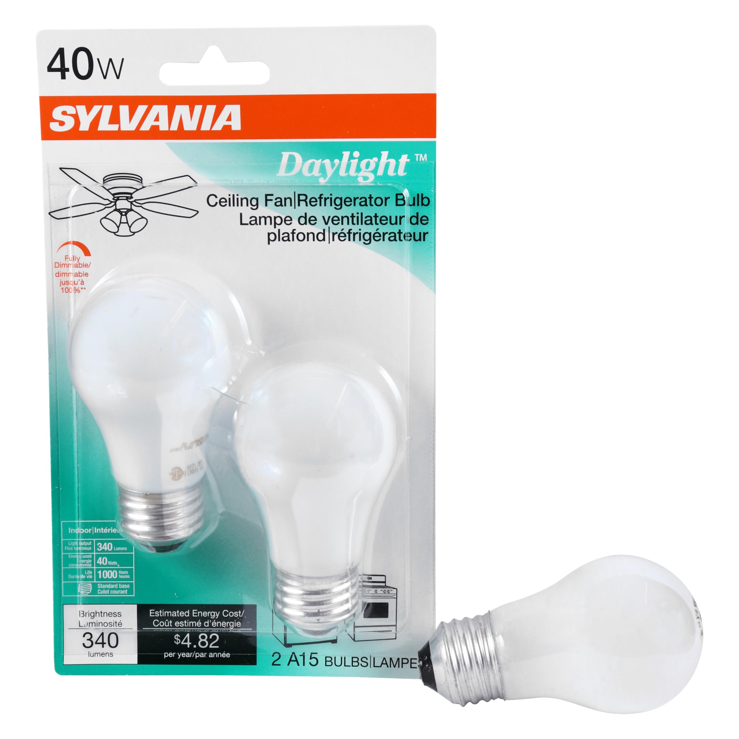 Sylvania Incandescent Light Bulb, A15, 40W, Ceiling Fan & Refrigerator Bulb, Medium Base, 340 Lumens, Dimmable, Daylight, 2850K - 2 Pack (10181)
