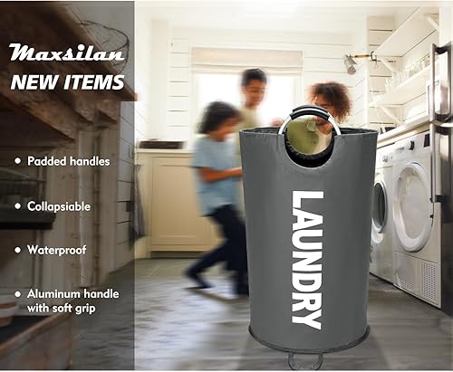 Miniatura 2 de Cesta de lavandería grande de 90 litros, cesta de ropa alta independiente, bolsa de lavandería plegable, impermeable con asas de aluminio protegidas