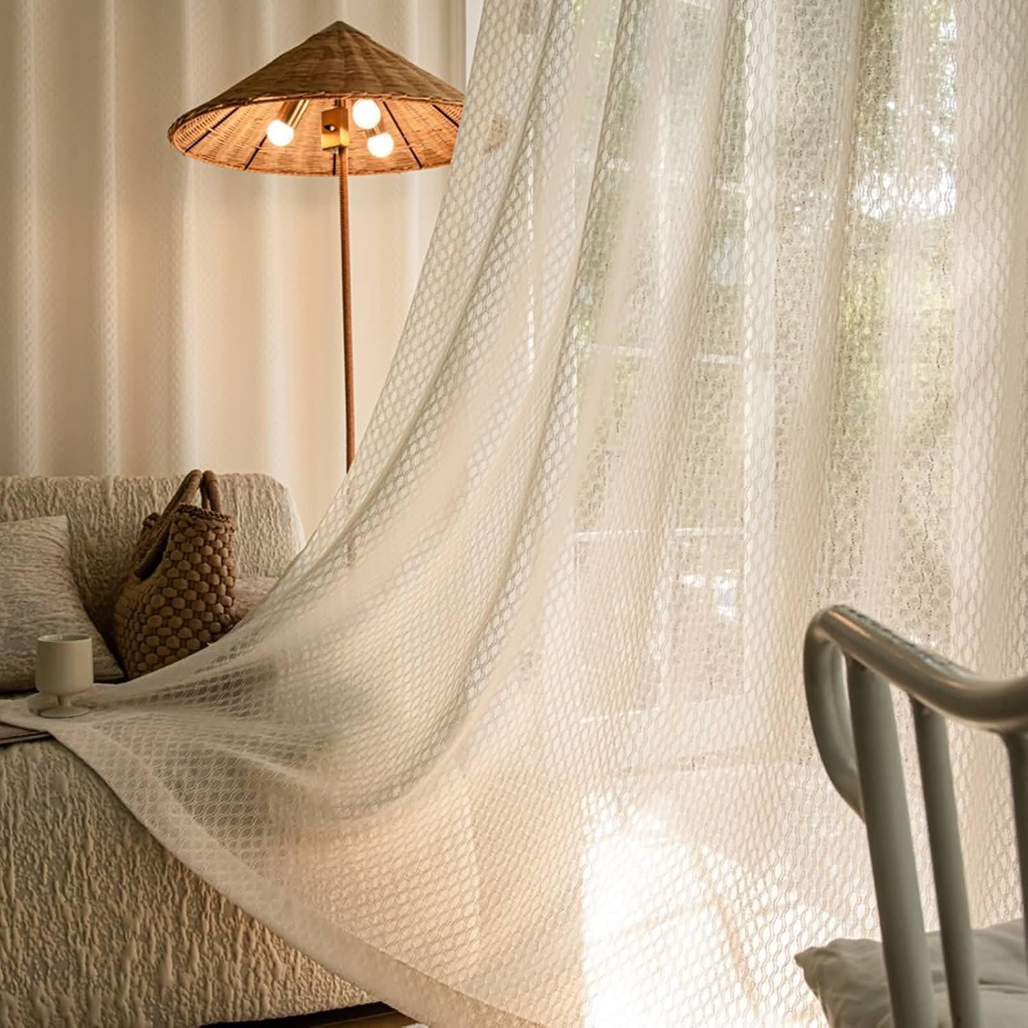 Daesar Window Curtains 2 Panel Sets 63 Inch Length, Eyelet Tulle Curtains Solid Color Hollow Geometric Wave Pattern Window Voile Drapes Treatment for Bedroom Living Room, 38x63 Inch Beige