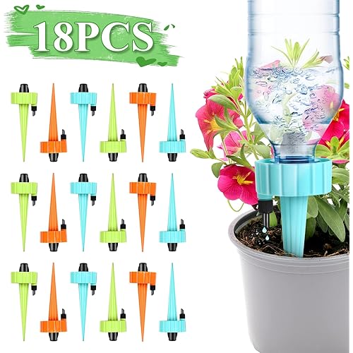 Self Watering Spikes Devices 18 Pcs Automatic Plant Drip Irrigation System with Slow Release Control Valve Switch, Adjustable Plants Waterer Devices for Outdoor Indoor Home Garden Vacation