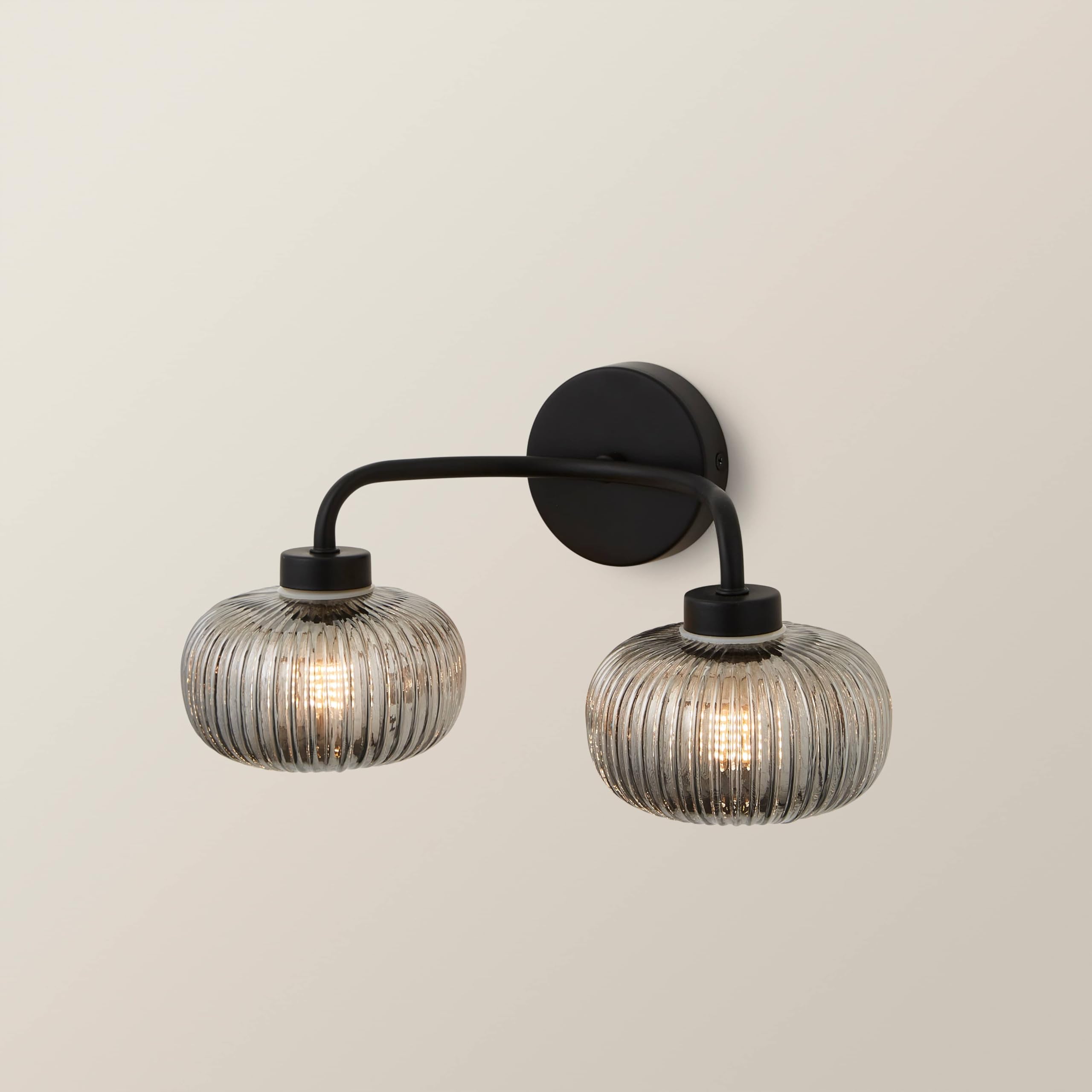 ValueLights | Matt Black 2 Way Wall Light Fitting with Smoked Ribbed Lampshades | Bath Wall Lights, Home Décor & Improvement Essential | IP44 Bathroom | Mains Wired