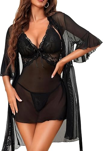 Women Sexy Lingerie Set 3 Piece Babydoll & Lace Kimono Robe Strap Chemise Nightgown Mesh Sleepwear