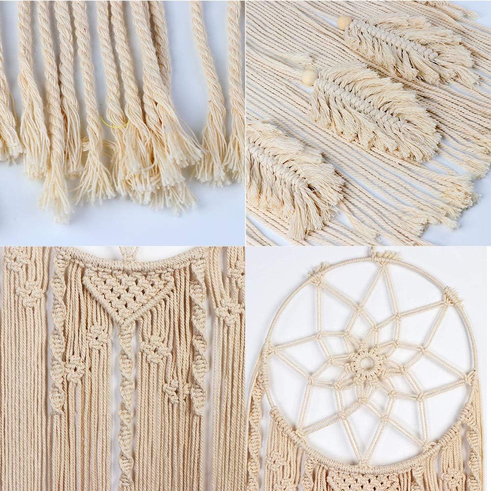AerWo Macrame Dream Catcher Woven Wall Hanging,Large Boho Dream Catcher Wall Decor with Feather Leaf and Canvas Bag for Kids Decor, Boho Decoration Handmade Dreamcatcher, 36 x 13 Inc