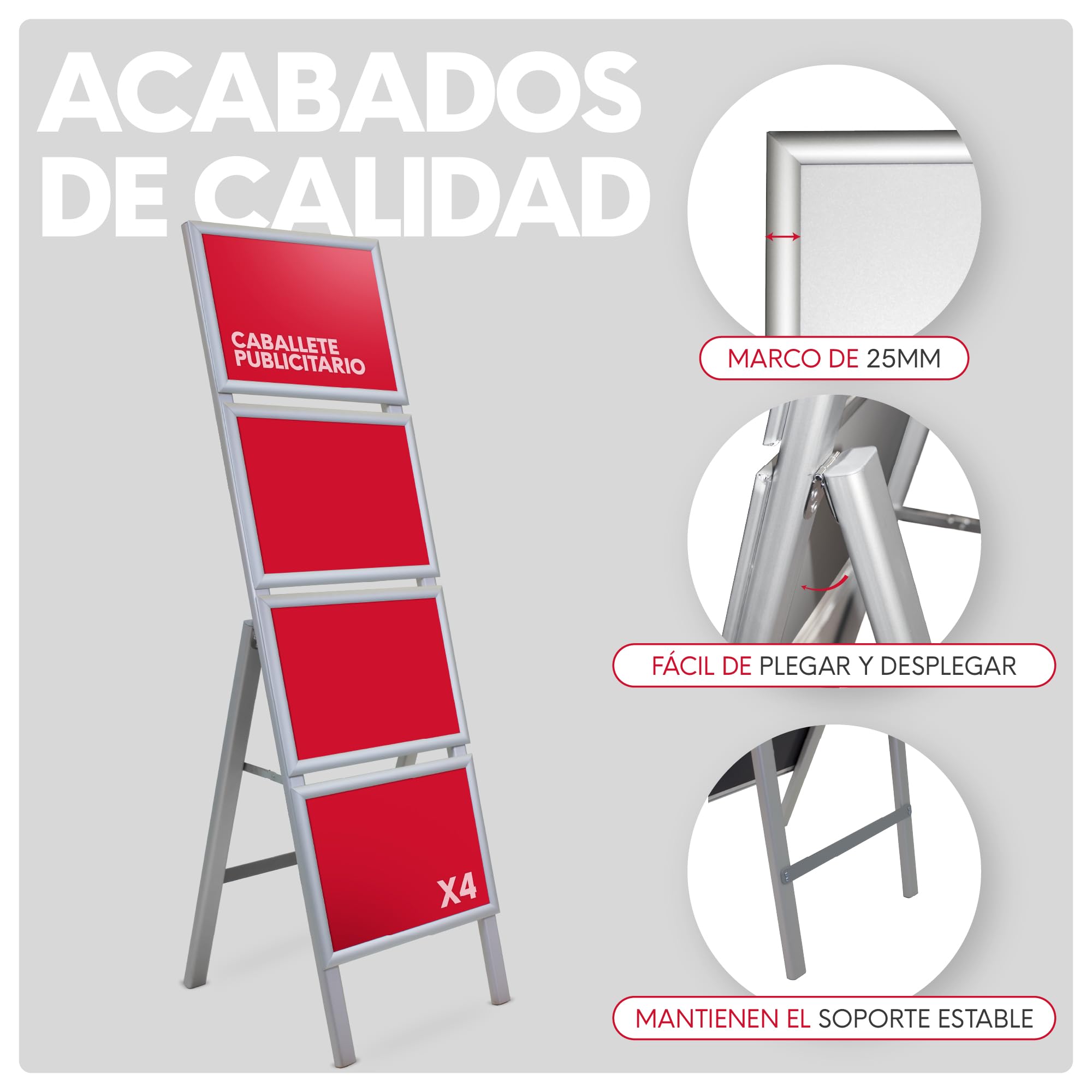 Caballete para Pósters Informativos | Soporte Publicitario con 4 Marcos A3 a 1 Cara | Expositor de Aluminio y Plástico con Sistema Click | Para Comercios, Hostelería y Eventos