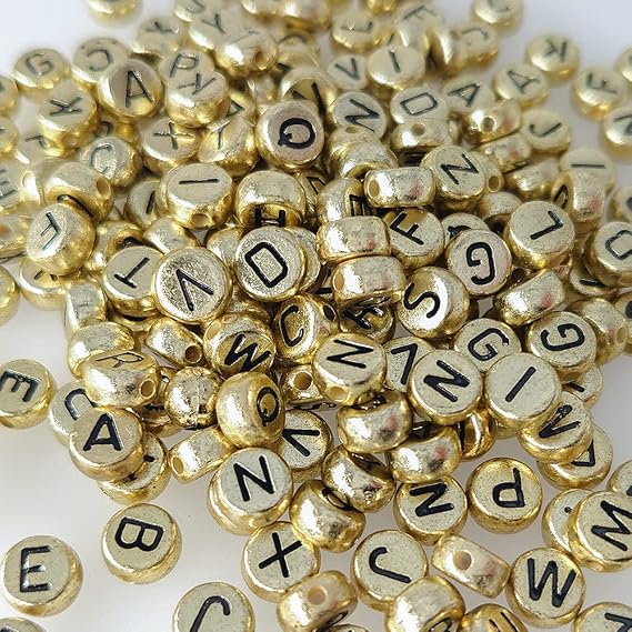 200 Pieces 4x7mm Gold Round Acrylic Alphabet Letter Beads A-Z Mixed Plastic Shape Loose DIY Beads for Jewelry Making Bracelets Necklaces Key Chains (Black on Gold)