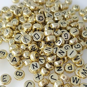 200 Pieces 4x7mm Gold Round Acrylic Alphabet Letter Beads A-Z Mixed Plastic Shape Loose DIY Beads for Jewelry Making Bracelets Necklaces Key Chains (Black on Gold)