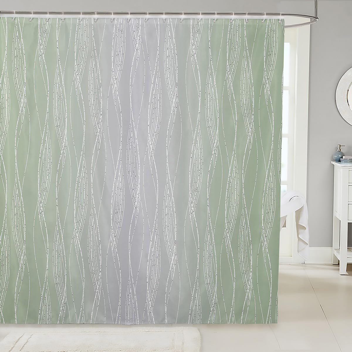 Erosebridal Sage Green and Greyish White Bathtub Curtain Silver Striped Bathroom Curtain 72" Wx78 L Abstract Geometric Ombre Shower Curtain for Bathroom Gradient Wavy Lines Bathroom Accessories