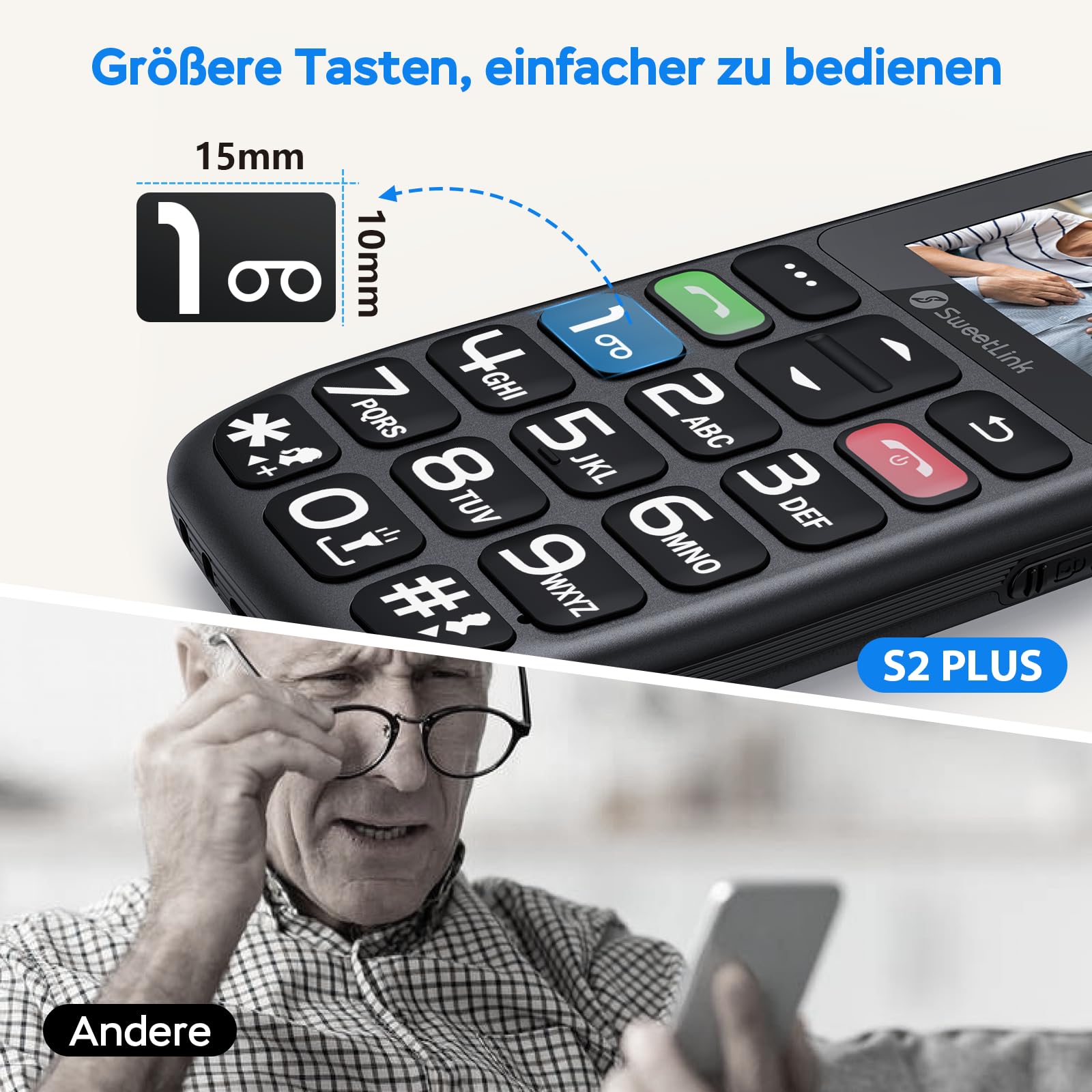 SweetLink S2PLUS Seniorenhandy ohne Vertrag – Dual SIM 2G GSM mit 1400mAh Akku, SOS-Notruftaste, 1,77" Großtasten-Display, Ladestation & FM-Radio | mit Klarer Sprachansage und 12 Tage Standby