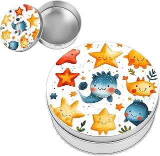 Metal Storage Tin Box with Lid, Portable Circular Organizer Case for Jewelry, Cards, Coins, Small Accessories & Desk Storage,3.5 x 3.5 x 1.2 Inch,Cute and colorful stars