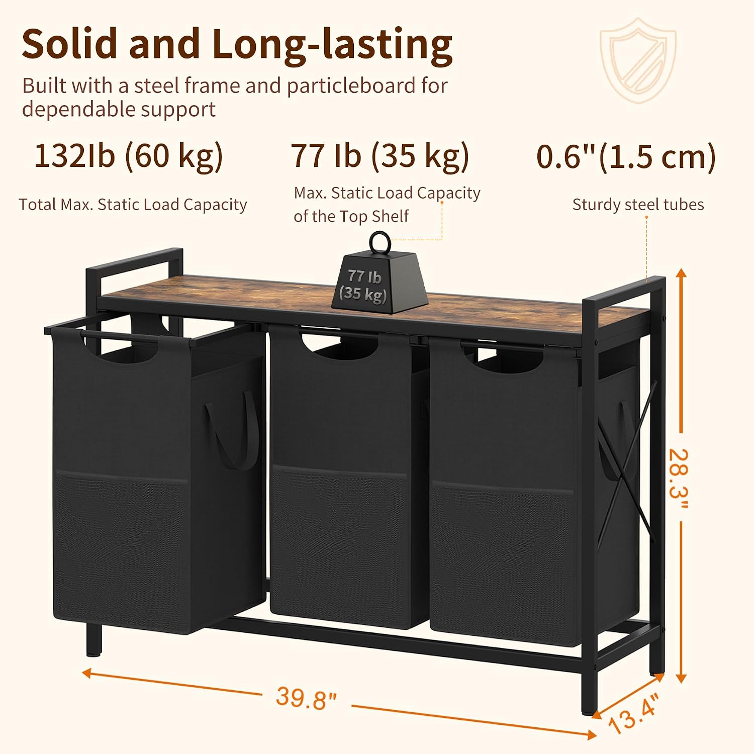 Heybly Laundry Hampers, 3 × 15 Gal (171 L) Laundry Basket with Large Desktop Sorter for Laundry Room Organization, Bathroom and Dorm Laundry Bags on Storage Shelf, Rustic Brown HLH003SR image 4