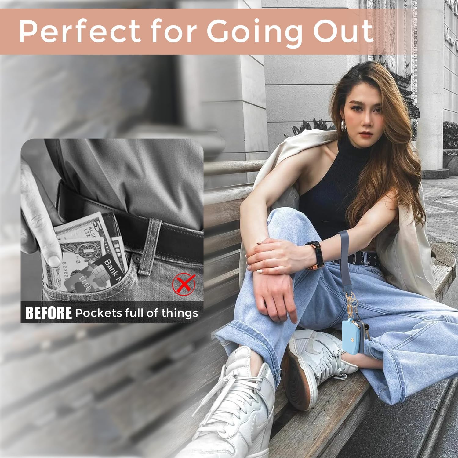 Dual Pouch Wristlet Keychain Wallets for Women with 2 Detachable Zipper Coin Purse - Small and Portable Mini Card Wallet for Women Men Gold Hardware Navy+Sky Blue - Image 6