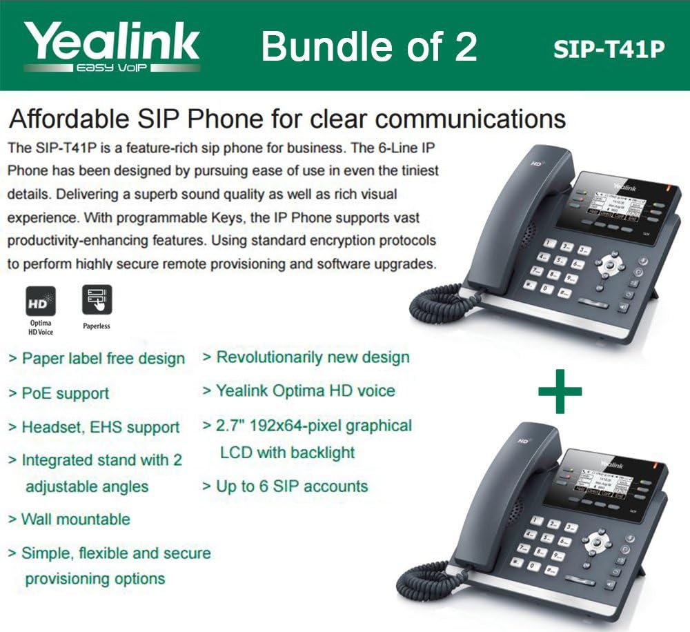 Yealink SIP-T41P - Bundle of 2 Gigabit Color IP Phone 3 VoIP Accounts