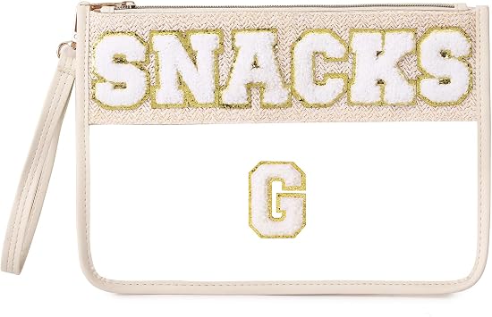 Pinkmik Chenille Letter Clear Zipper Pouch for Travel Clear Snack Bag Letter Makeup Pouch Bag for Women Snacks-G