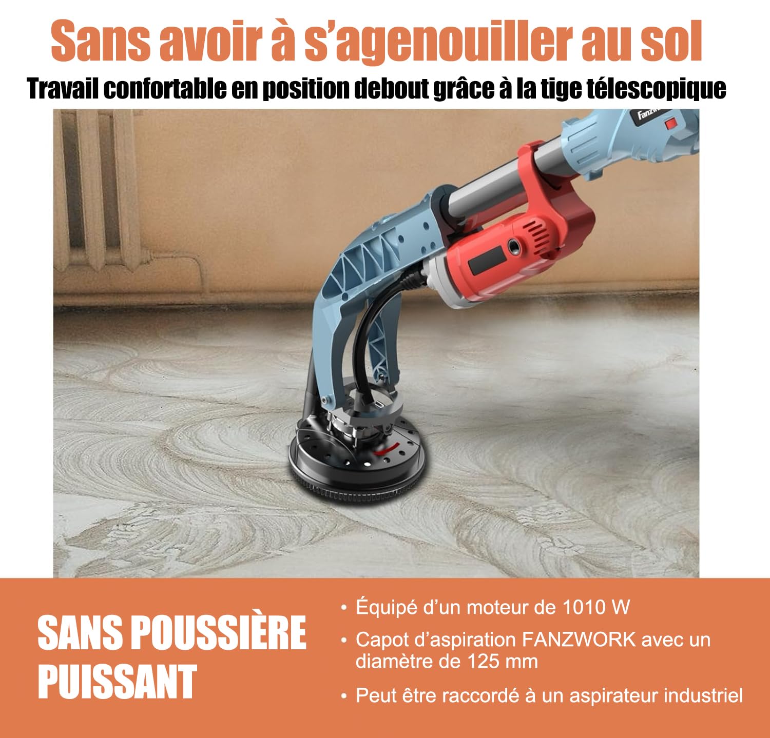 FANZWORK Ponceuse à Béton 1010 W avec tige Télescopique Jusqu’à 1,20 m, Meule Diamant 125 mm et sac de Transport, Vitesse variable, Idéale pour Béton, colle à Carrelage et Autres Revêtements