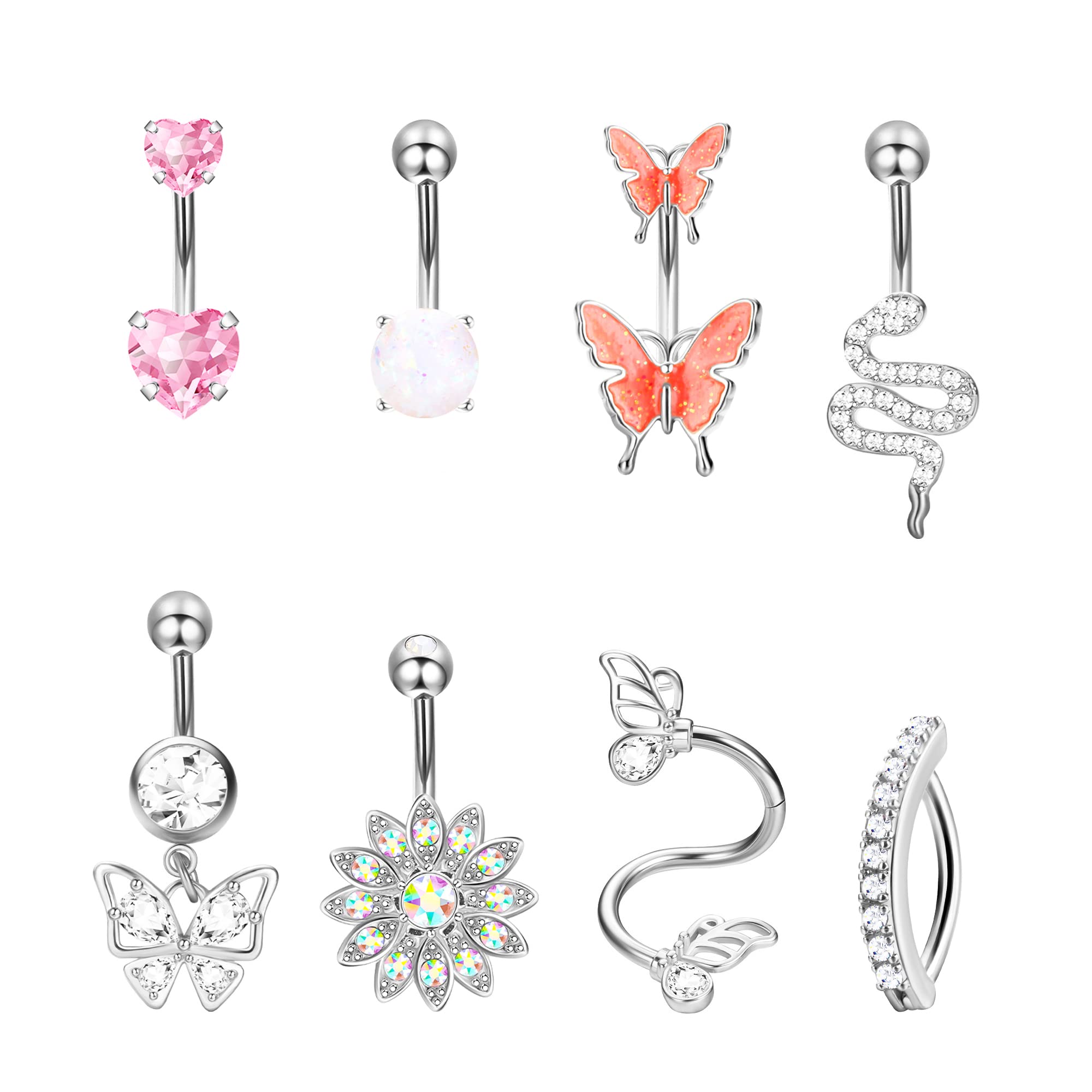 Dochais 8 Piezas Piercing Ombligo Oro Plata Oro Rosa, Piercing Ombligo Acero inoxidable, Piercing Ombligo Zircon Farfalla, Piercing Ombligo Brillante, Piercing Ombligo Colgante para Mujeres 14G 10mm
