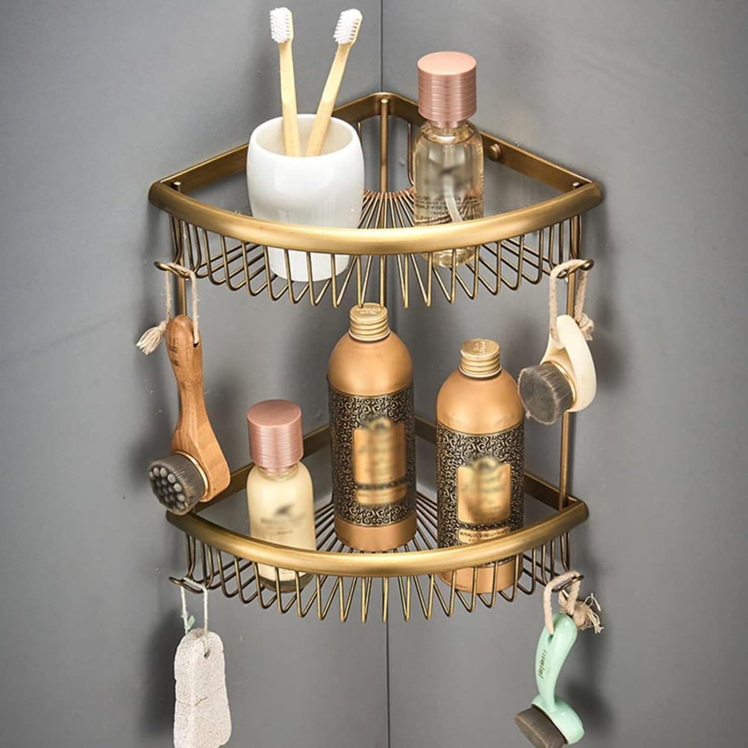 BAOTEDSL Corner Shower Caddy Brass Bathroom Shower Floating Shelves Multifunctional Cosmetics Shampoo Conditioner Organizer Draining Rack Wall Mounted