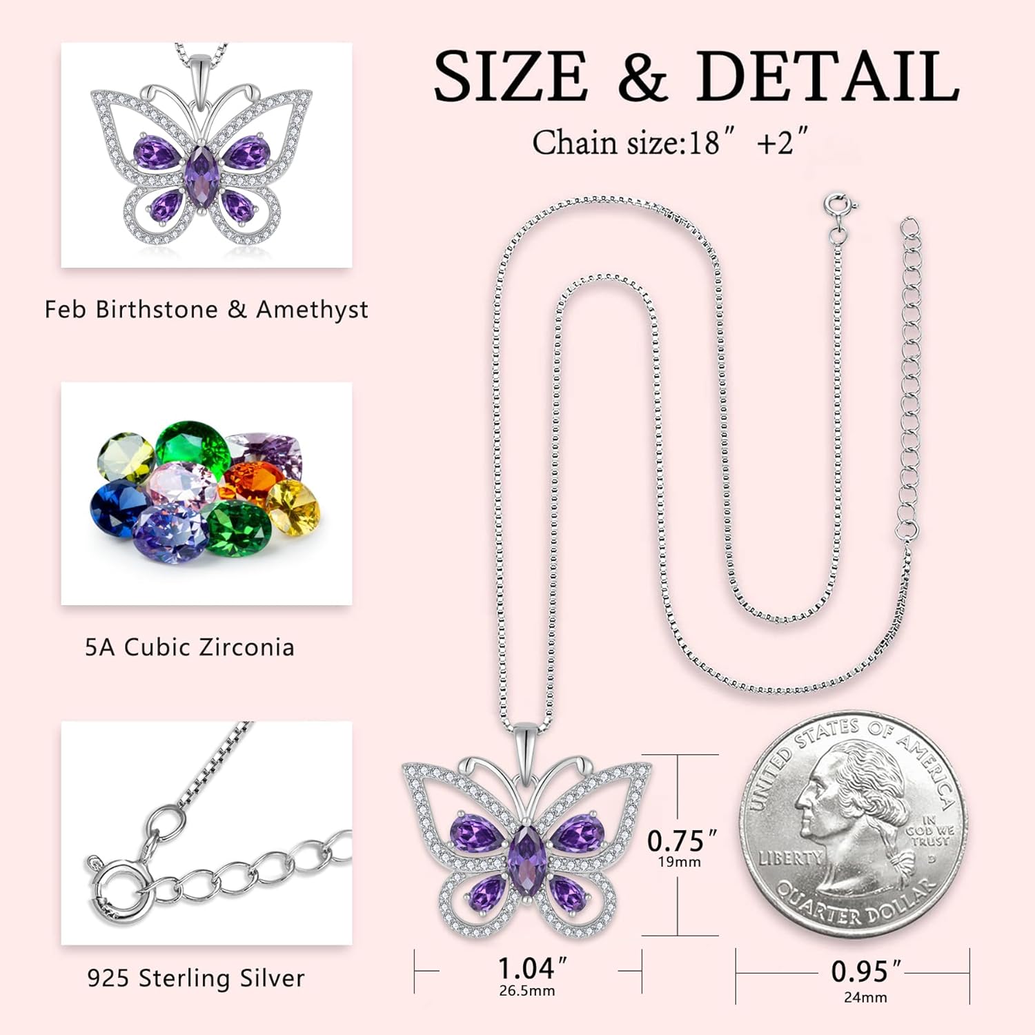 Women's Butterfly Birthstone Pendant Necklace 925 Sterling Silver 5A Cubic Zirconia Jewelry for Mother's Day Valentine Birthday Gifts for Her - Image 5