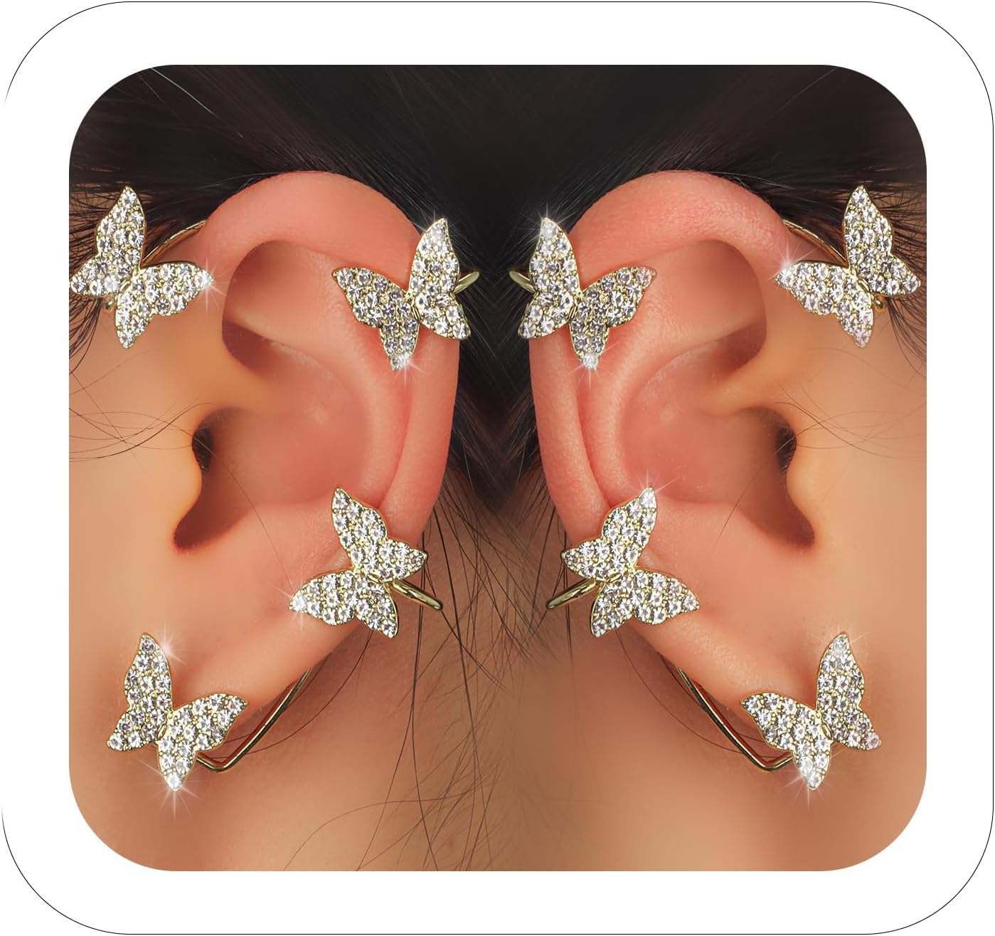 Butterfly Ear Cuffs Earrings with Fake Diamond and silver plating for Women,Rhinestone Butterfly Ear Wrap No Piercing Ear Cuff Clip On Earrings for Renaissance Costume,Rave Outfits,Tea Party Dresses,Birthday Dress