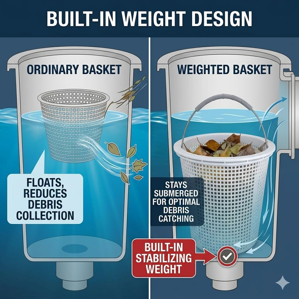 Condition photo showing New/Like New for 8" pool skimmer basket for inground pool compatible with pentair u-3 skimmer basket 08650-0007 and hayward sp1070 pool basket stainless steel handle rubber grip & built in weighting white 2 pack