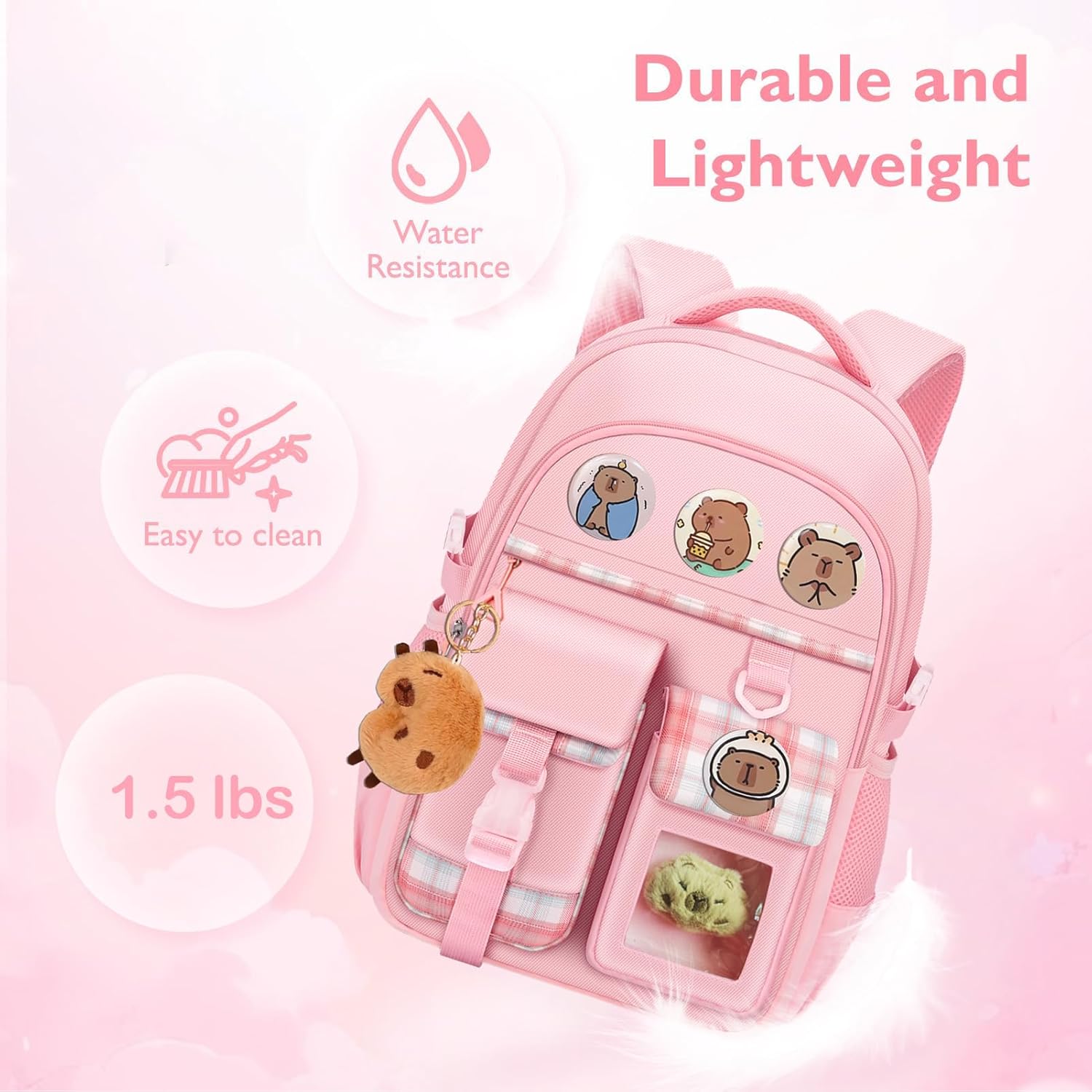 Capybara Backpack Cartoon backpack with Cute Pin Accessories Capybara Plush and Keychain Laptop Bag Casual Daypacks (PINK)