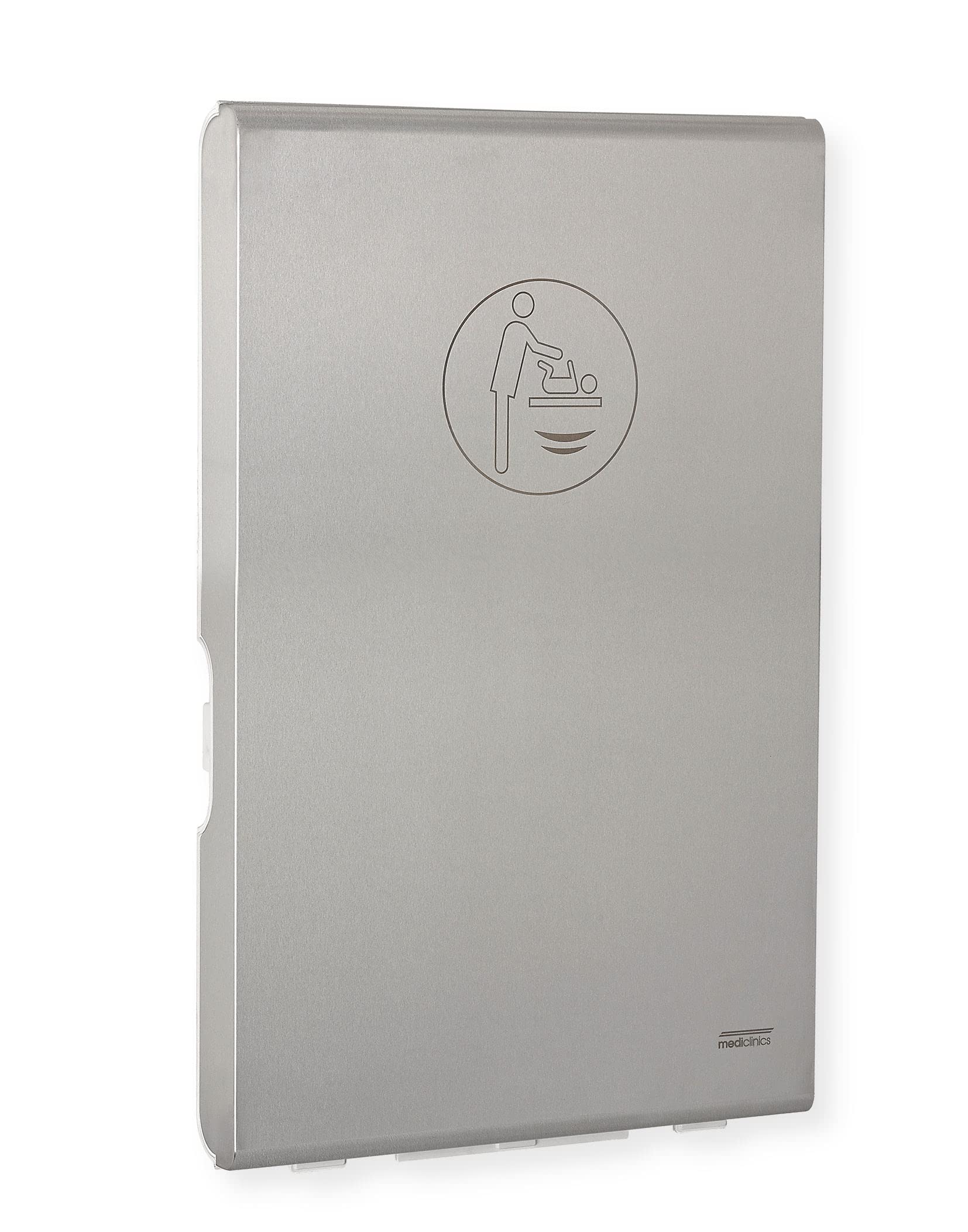 Saniflow CP0016VCS-I-ASTM Vertical BabyMedi Surface-Mounted Modern Baby Changing Station with Ionizer, Satin/Stainless Steel; Liner Dispenser; Stainless Steel Front Chassis; Open/Closed Mechanism