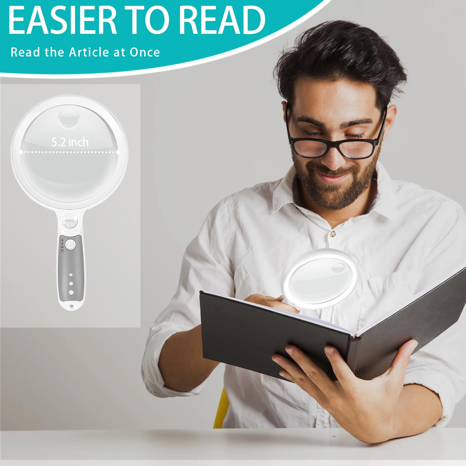 Large Magnifying Glass with 37 LED Light, 10X 20X 45X Handheld Illuminated Lighted Magnifier with 3 Light Modes Rechargeable Magnifying Glass for Seniors Reading, Inspection (White & Grey)