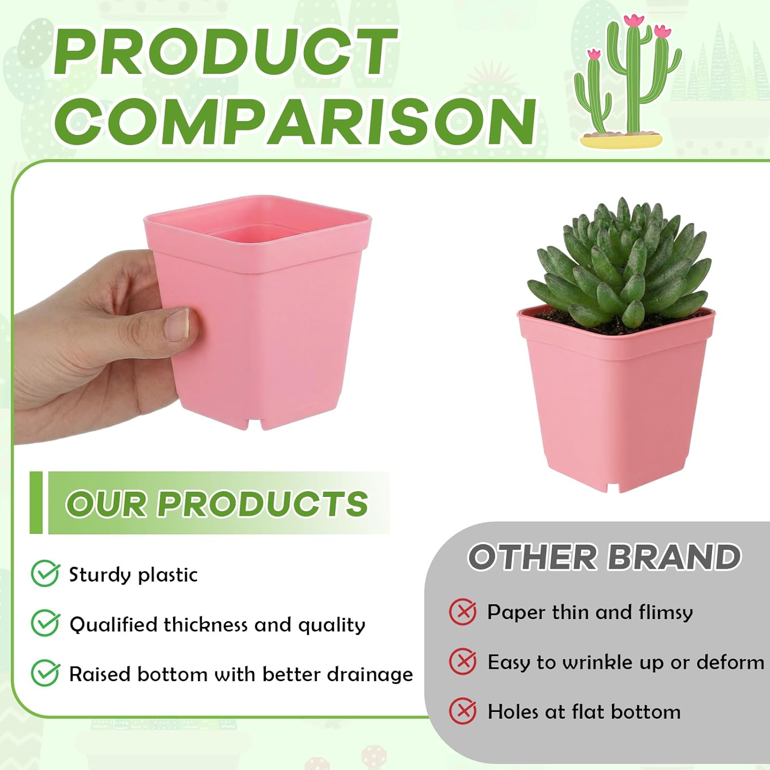 Yaomiao 200 Pack 3 Inch Pink Nursery Pot Square Flower Pots Plastic Plant Succulent Planter Seed Starting Pots with Drainage Holes for Garden Office Balcony Decor Indoor Outdoor Plant Seedling