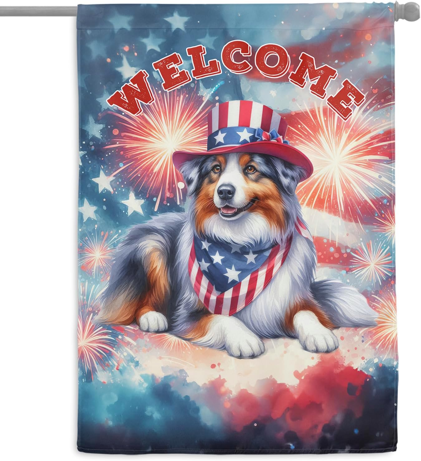 Australian Shepherd Patriotic Welcome for 4th of July Independence Day House Flag 28x40in Double Sided Aussie Dog Lover Gifts Idea Outdoor Decor - 010