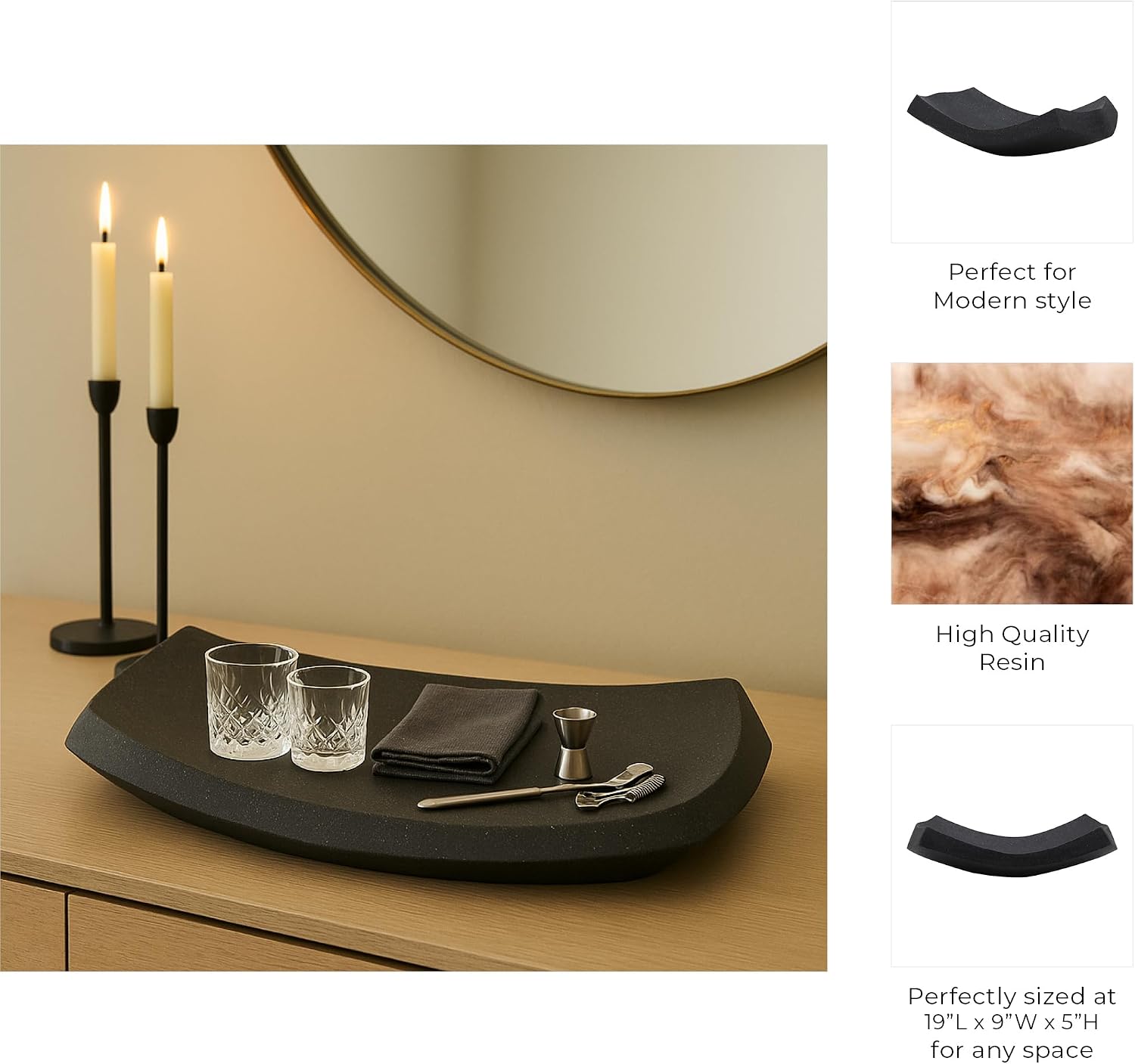 Tray for House, Bed, or Coffee Table Decor - Modern Decorative Tray with Angular Design Perfect for Jewelry, Trinket, or Bathroom Vanity - Artistic Tray for Centerpiece Table Decorations - 5", Black