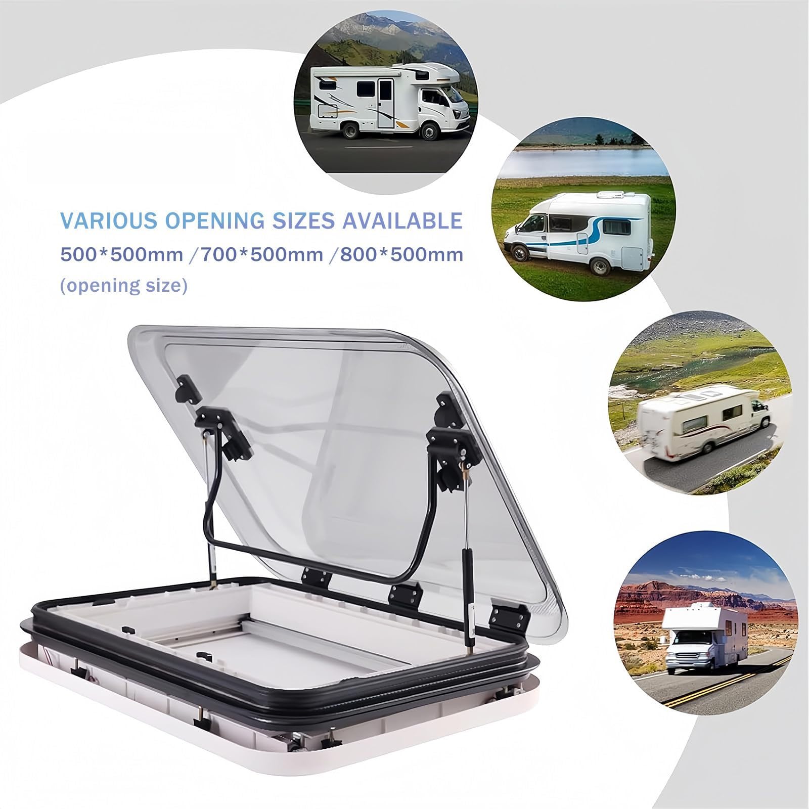 Okno dachowe RV Skylight, 500/700/800 x 500 mm Okno dachowe do kampera RV z oświetleniem LED, siatką i osłoną przeciwsłoneczną, dwuwarstwowa pokrywa akrylowa(50x50cm)