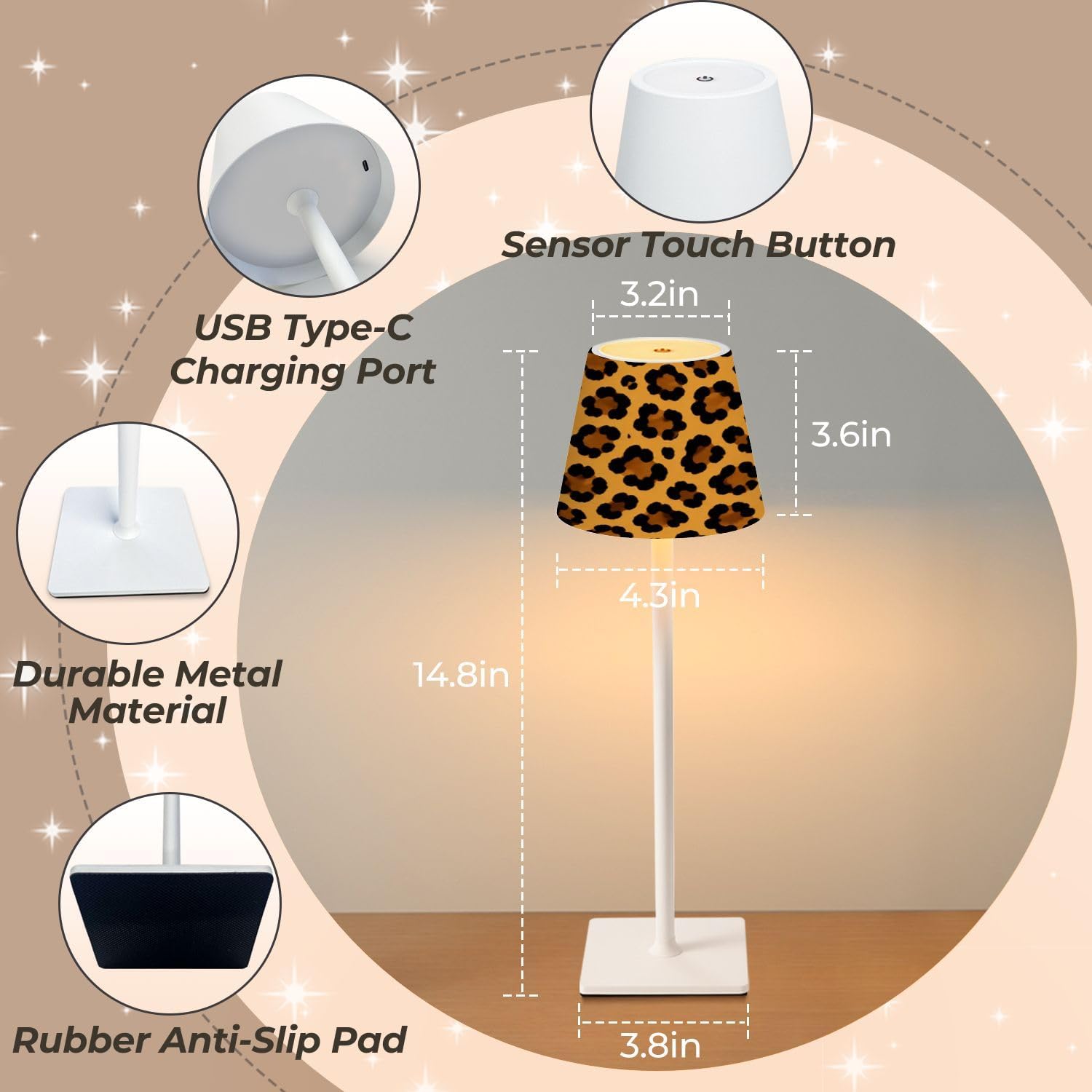 Mahjong Cordless Table Lamp Leopard cheetah brown fur skin 3 Color Dimming image 3