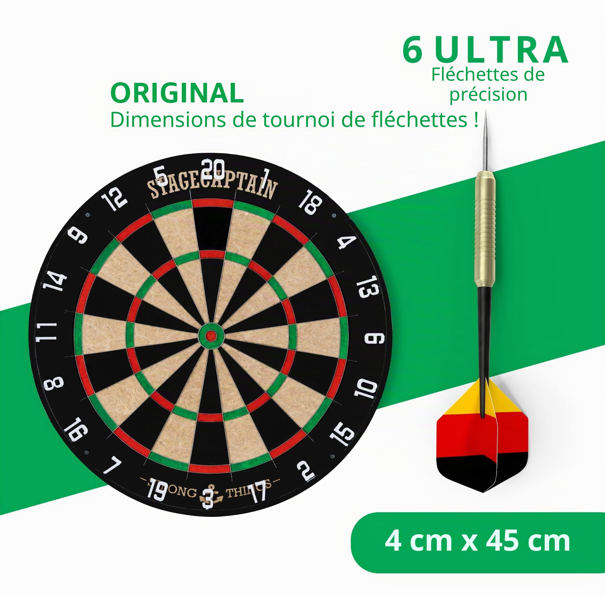 Stagecaptain DBS-1715C Bullseye Champion Cible Steeldarts Pro en Sisal avec Support réglable Noir, Sac, 6 fléchettes et 4 Jeux de Flights.
