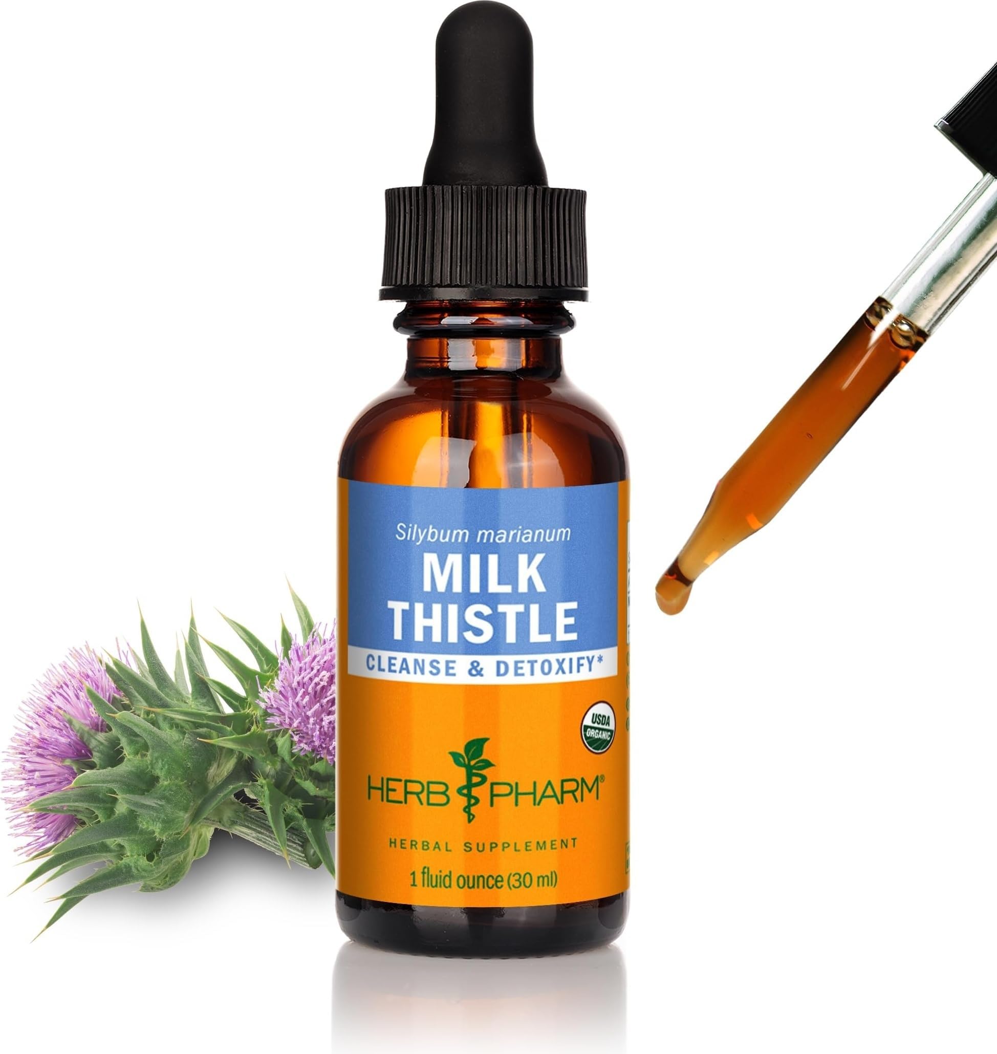 Herb Pharm Milk Thistle Liquid Extract: Organic Silybum marianum Extract Healthy Liver Function Support, Cleanse & Detoxify, Fast-Absorbing Milk Thistle Herbal Supplement, Up to ~3 Week Supply, 1 oz*