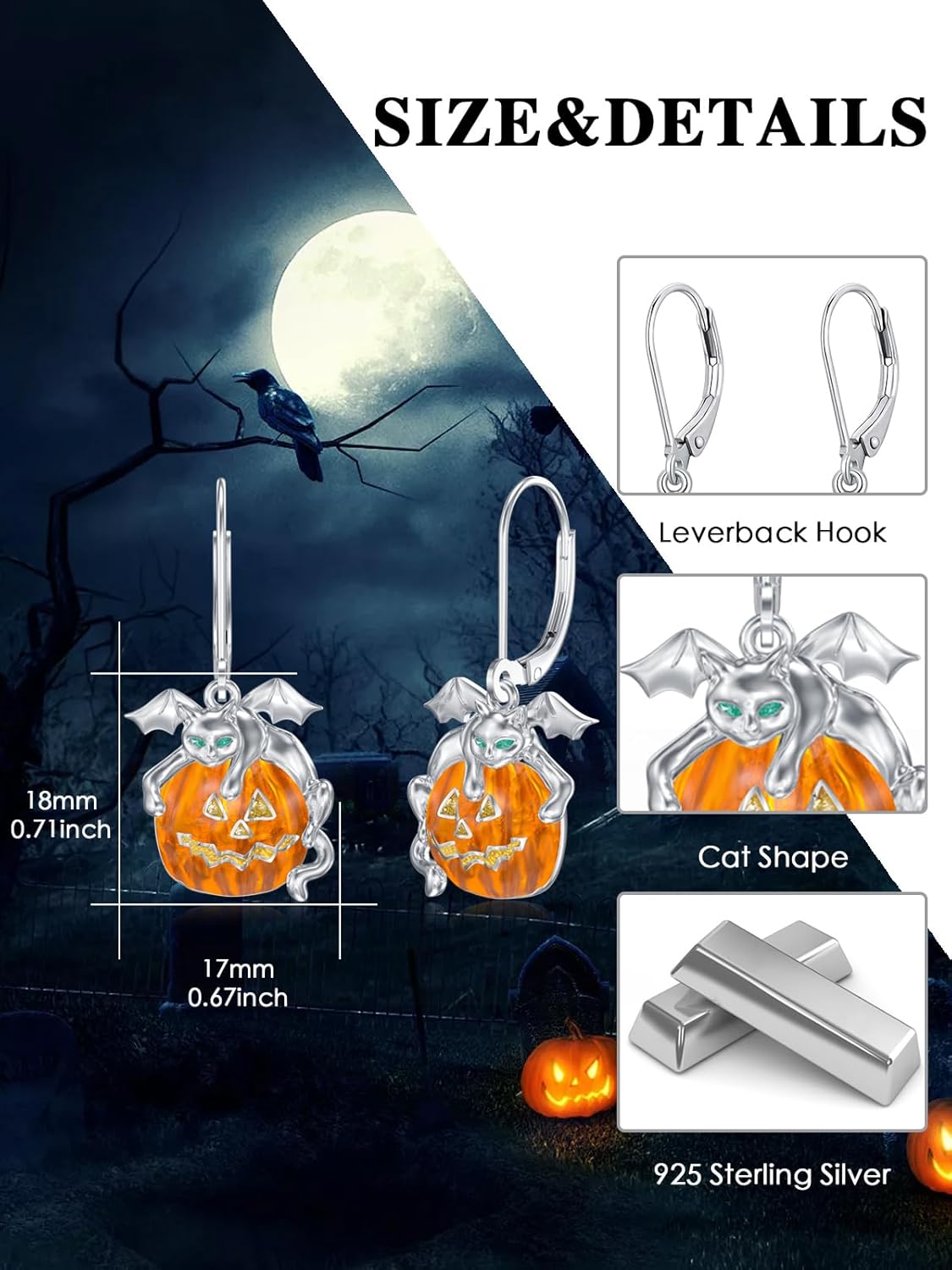 925 Sterling Silver Halloween Earrings for Women Cat Spider Bat Pumpkin Skeleton Skull Ghost Earrings Gothic Halloween Jewelry Gifts