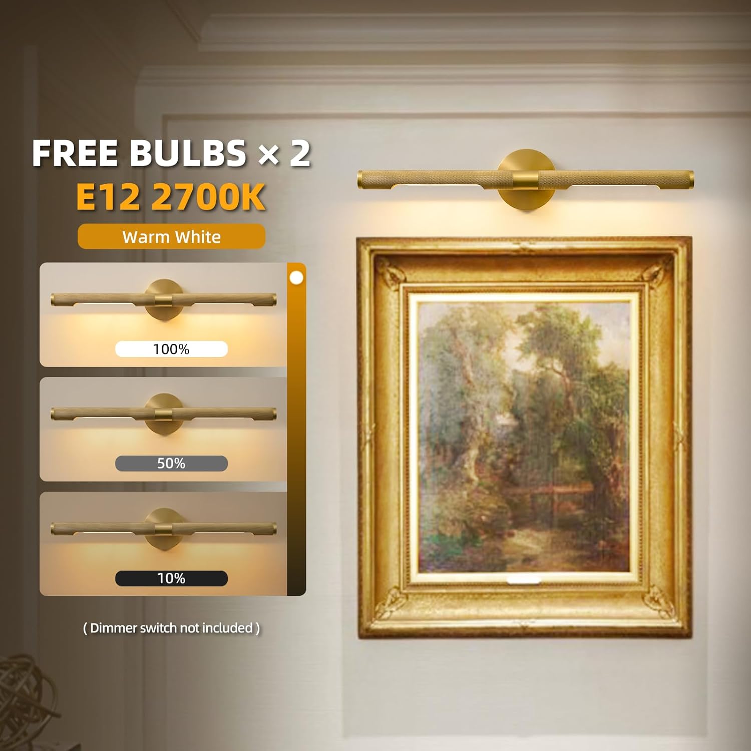 Museum Gallery Bathroom Picture Light - 24 Inch Long Gold Brass Dimmable Hardwired Wall Sconces with E12 Bulb - Frame Pictures Art Deco Sconce Lights for Painting Photo Artwork Library Vanity Over
