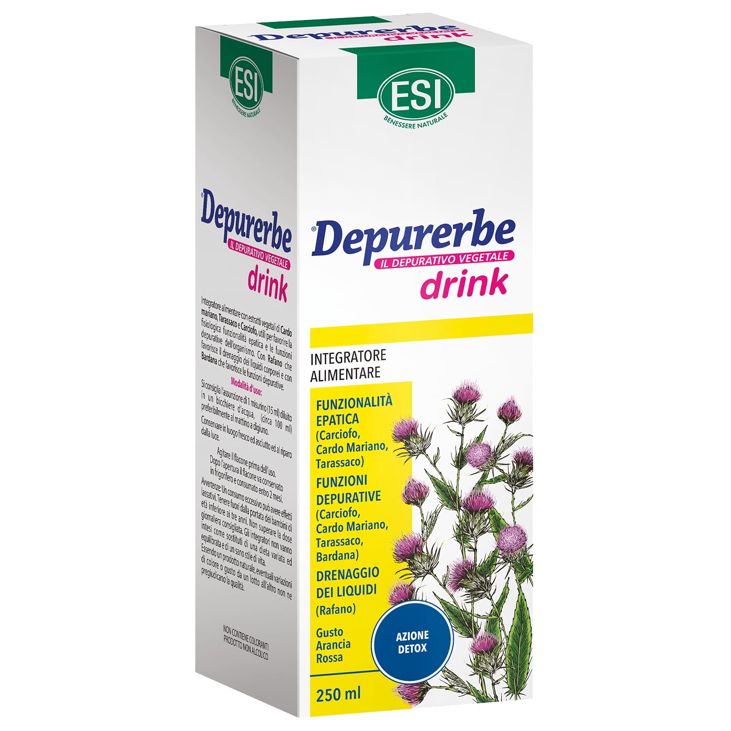 ESI - Depurerbe Drink, Integratore Alimentare a Base di Cardo Mariano, Tarassaco e Carciofo, Aiuta l'Organismo a Eliminare le Tossine Accumulate, Gusto Arancia Rossa, Senza Glutine e Vegano, 250 ml