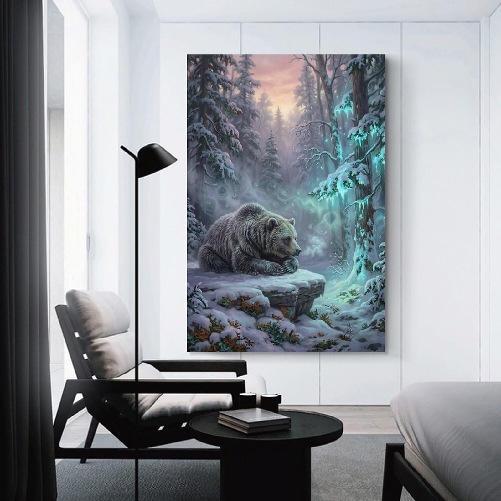 Junmoney Hanging Wall Art Bear in A Snowy Forest, 08x12inch(20x30cm), for Work Areas, Reading Rooms Or Studios, Wall Art That Adds Style to Work Areas